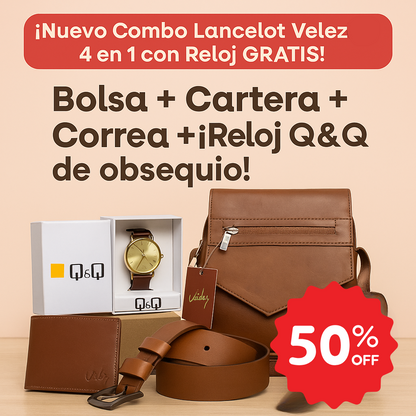Combo Lancelot – Bolsa + Cartera + Correa + ¡Reloj Q&Q de obsequio!