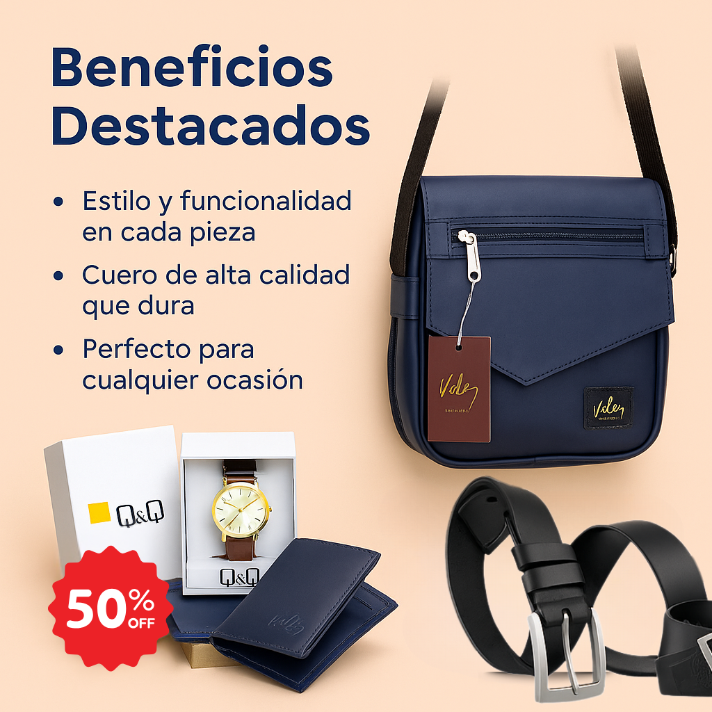 Combo Lancelot – Bolsa + Cartera + Correa + ¡Reloj Q&Q de obsequio!
